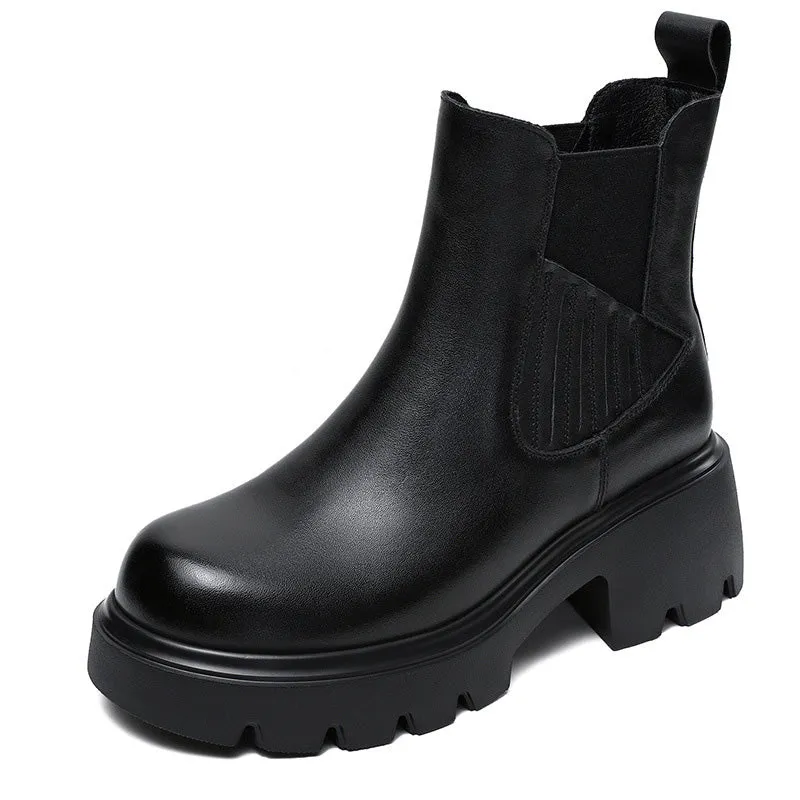 Stivali casual con plateau in pelle tinta unita vintage da donna