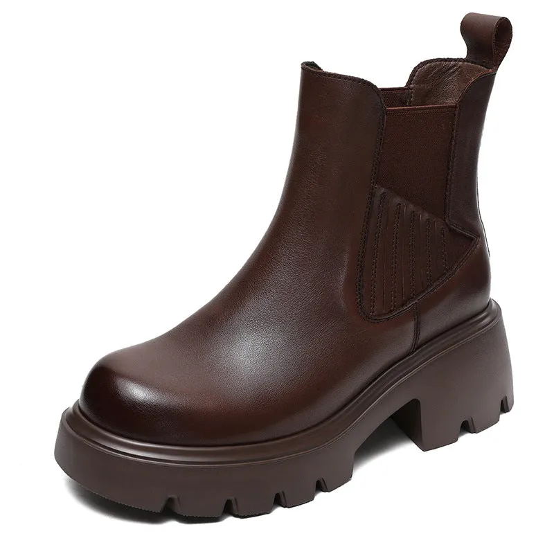 Stivali casual con plateau in pelle tinta unita vintage da donna