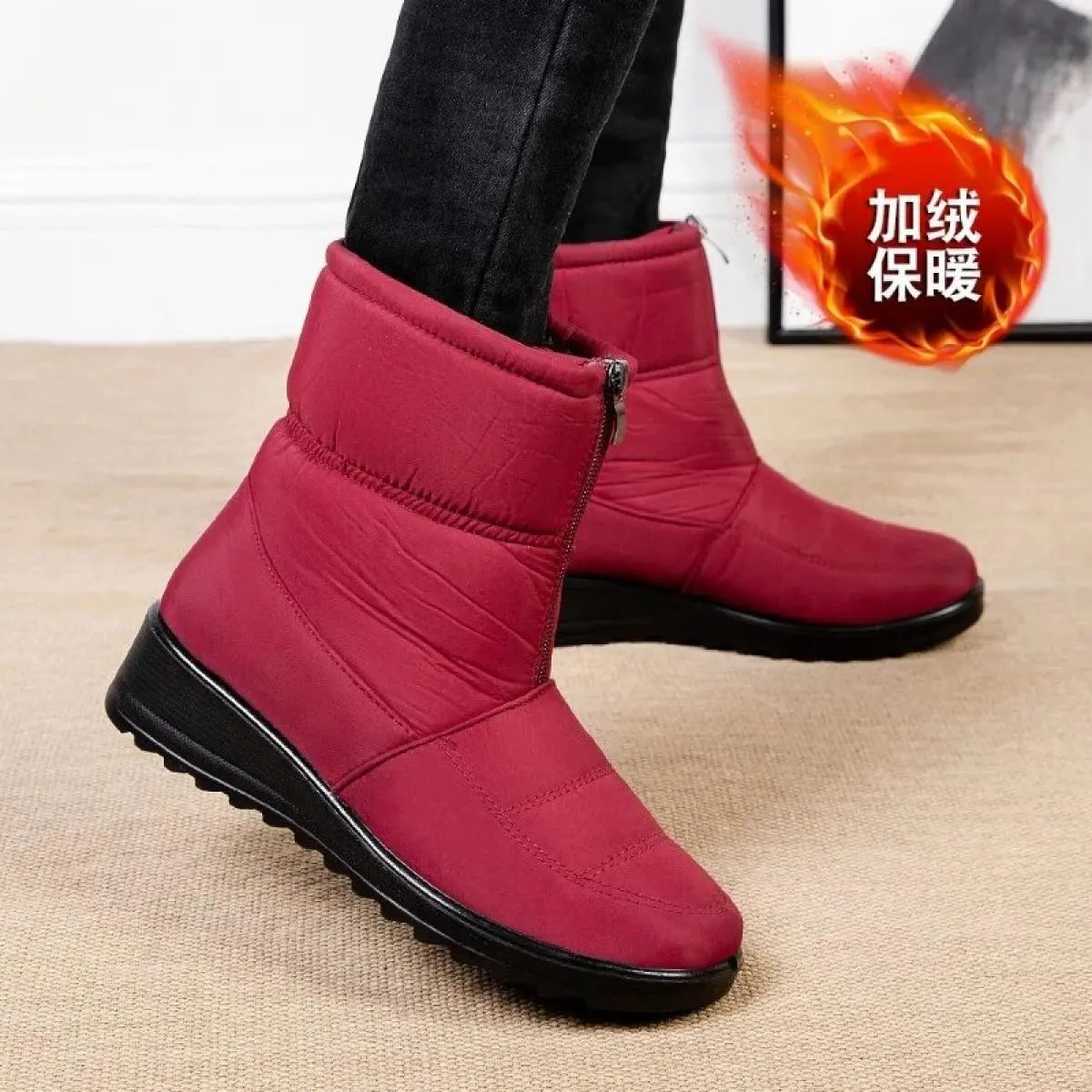 Stivali da neve impermeabili per donna 2023 Stivaletti alla caviglia in peluche caldi invernali Cerniera frontale Scarpe imbotti
