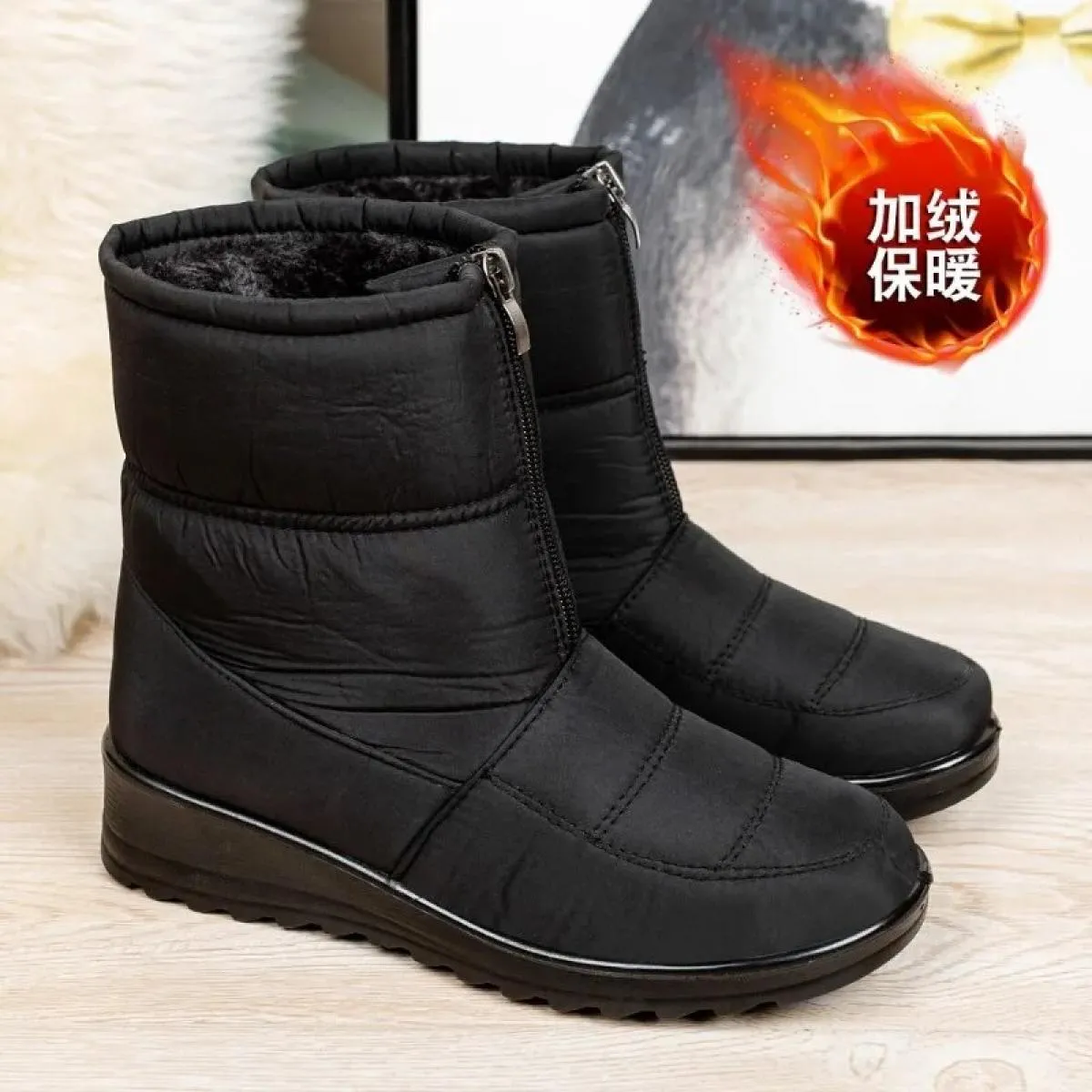 Stivali da neve impermeabili per donna 2023 Stivaletti alla caviglia in peluche caldi invernali Cerniera frontale Scarpe imbotti