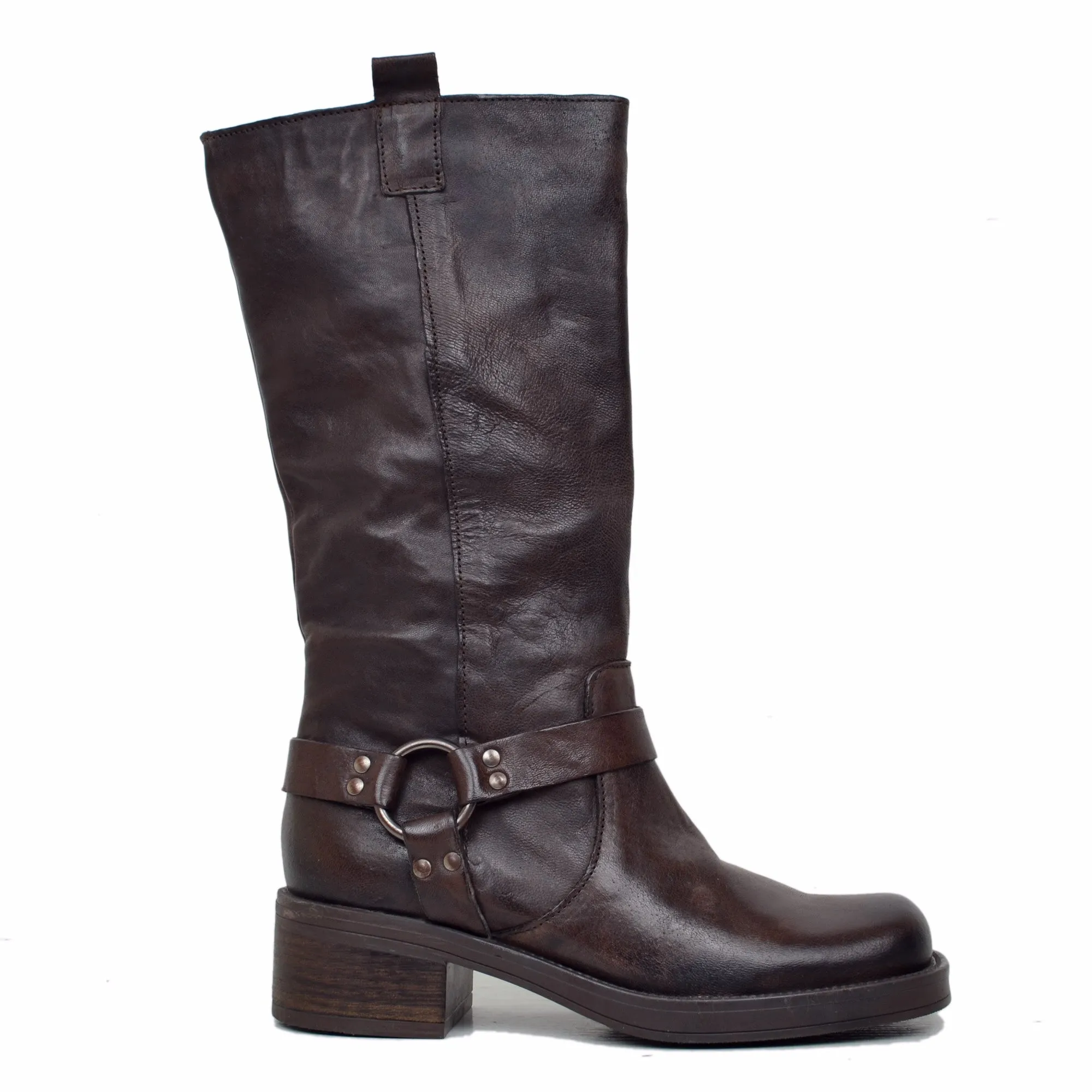 Stivali Donna Biker Marrone in Pelle Rag Vintage con Punta Squadrata