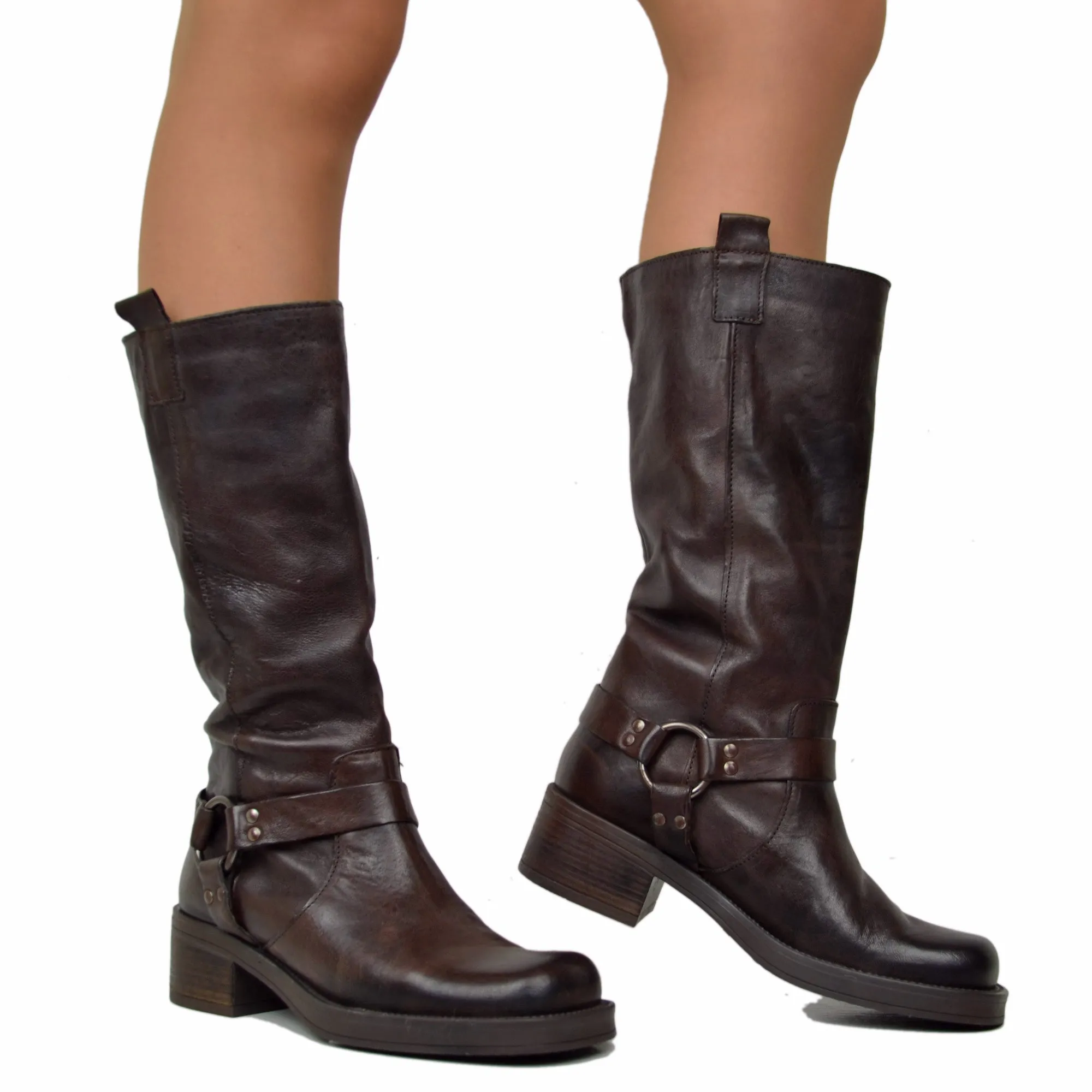 Stivali Donna Biker Marrone in Pelle Rag Vintage con Punta Squadrata