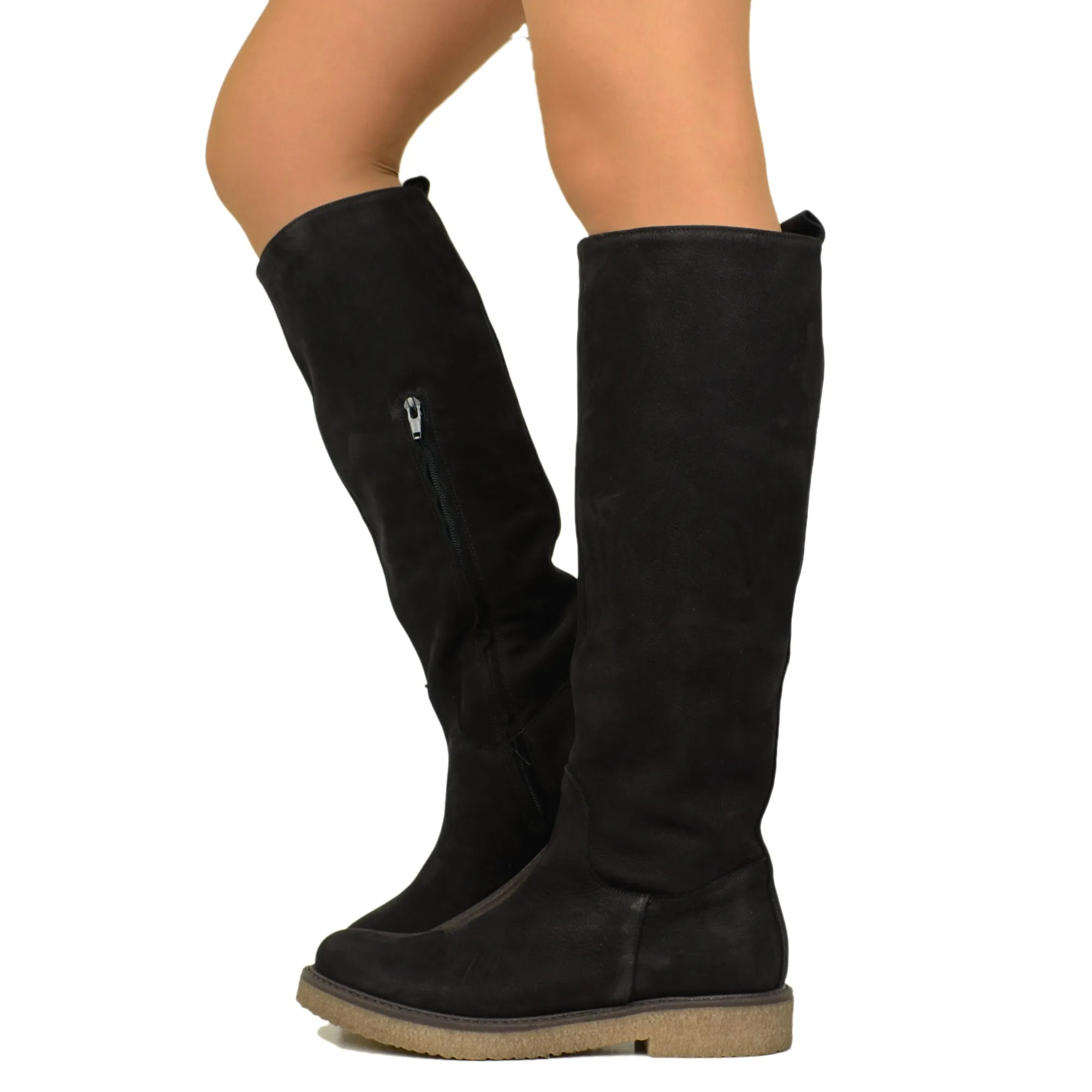 Stivali Donna Camperos Neri in Pelle Nabuk con Zip Made in Italy