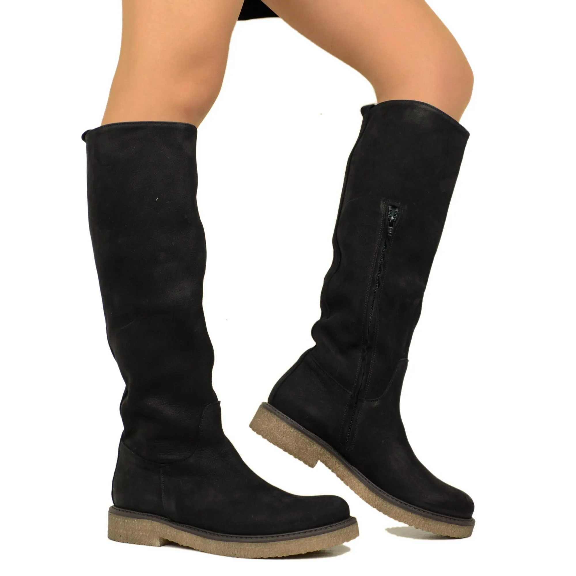 Stivali Donna Camperos Neri in Pelle Nabuk con Zip Made in Italy