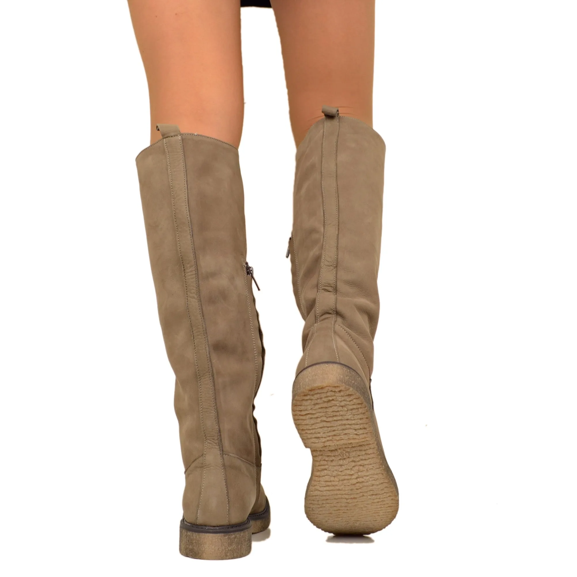Stivali Donna Camperos Taupe in Pelle Nabuk con Zip Made in Italy