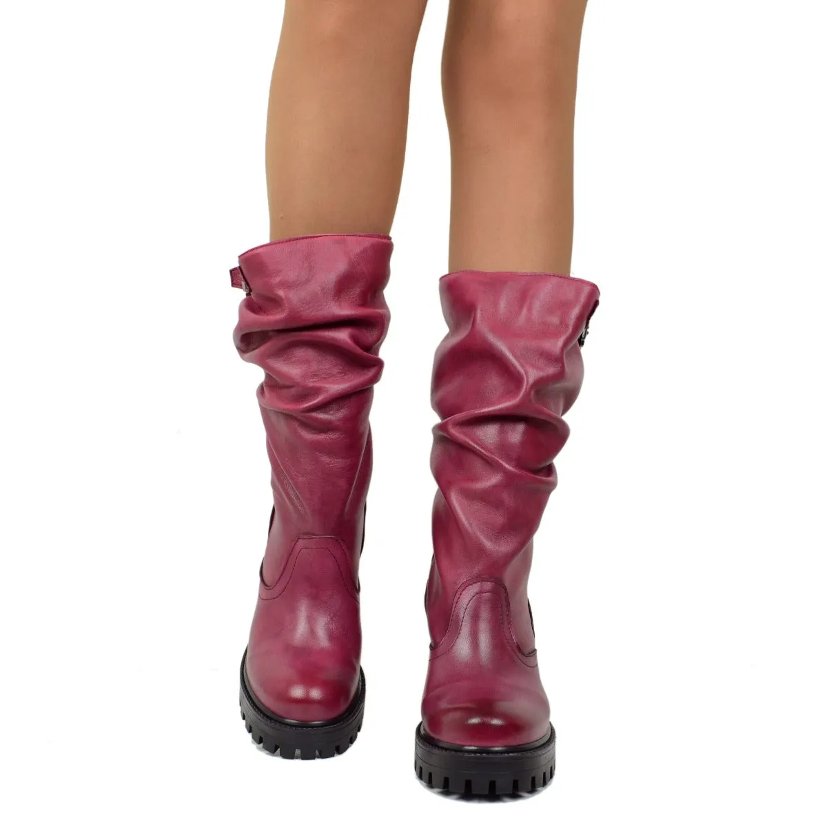 Stivali Donna in Pelle Bordeaux con Tacco Alto Made in Italy