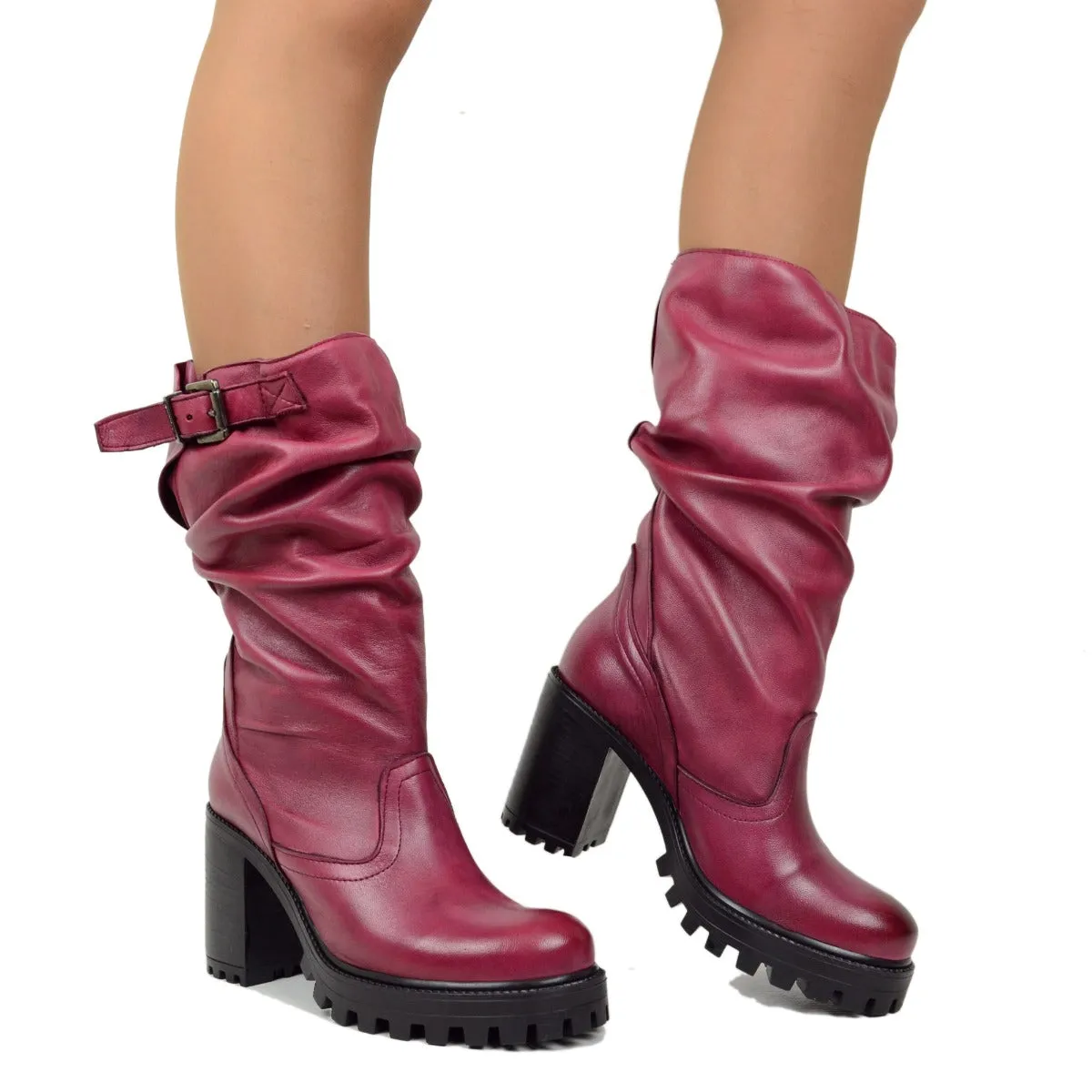 Stivali Donna in Pelle Bordeaux con Tacco Alto Made in Italy