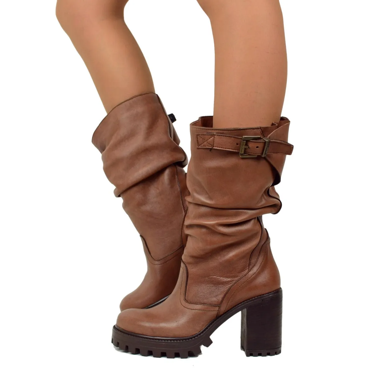 Stivali Donna in Pelle Cuoio con Tacco Alto Made in Italy
