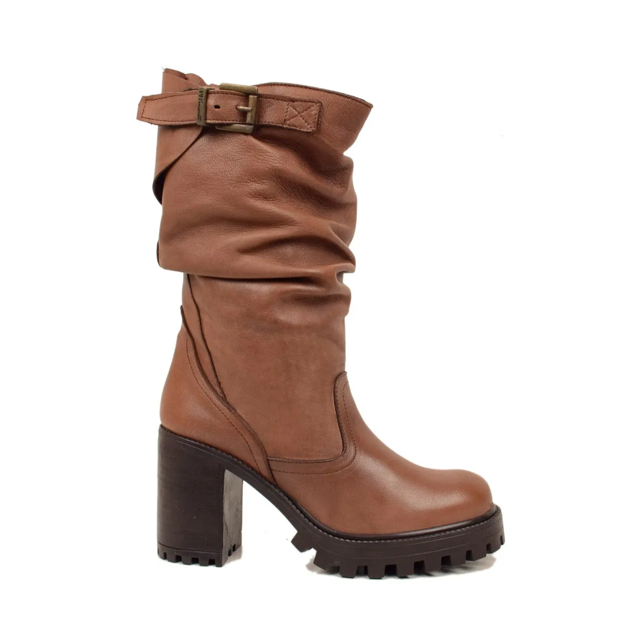 Stivali Donna in Pelle Cuoio con Tacco Alto Made in Italy