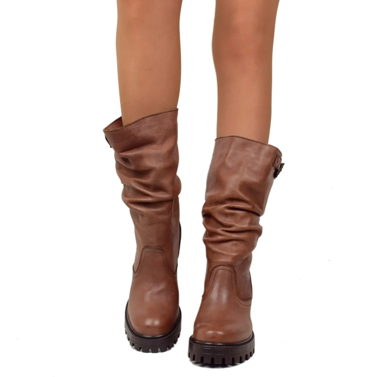 Stivali Donna in Pelle Cuoio con Tacco Alto Made in Italy