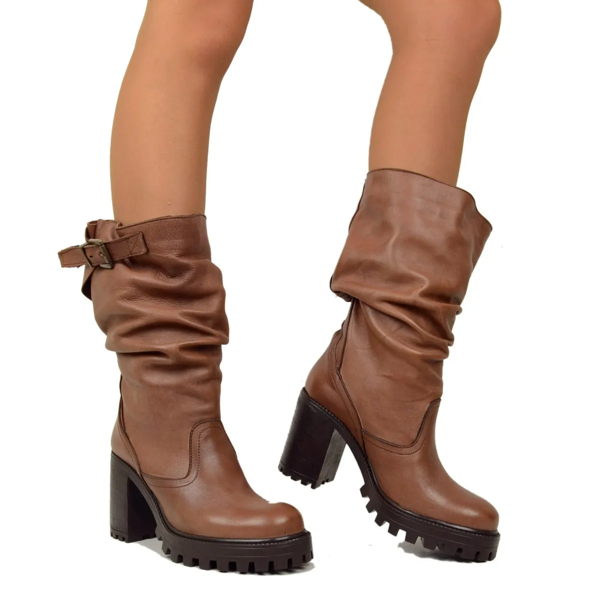 Stivali Donna in Pelle Cuoio con Tacco Alto Made in Italy