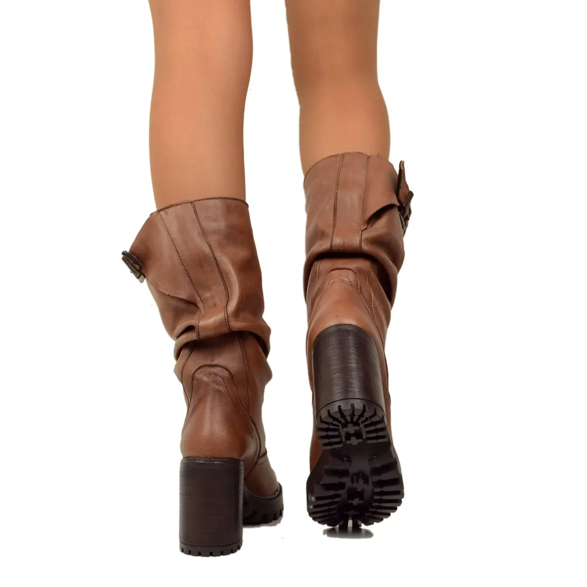 Stivali Donna in Pelle Cuoio con Tacco Alto Made in Italy