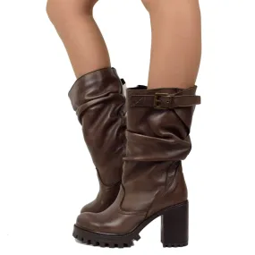 Stivali Donna in Pelle Marrone con Tacco Alto Made in Italy