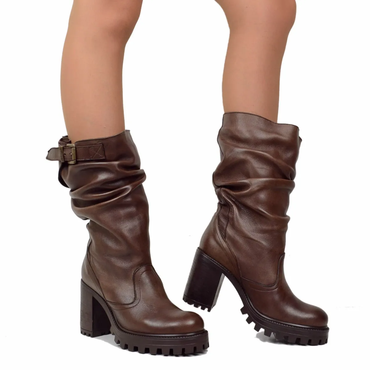 Stivali Donna in Pelle Marrone con Tacco Alto Made in Italy
