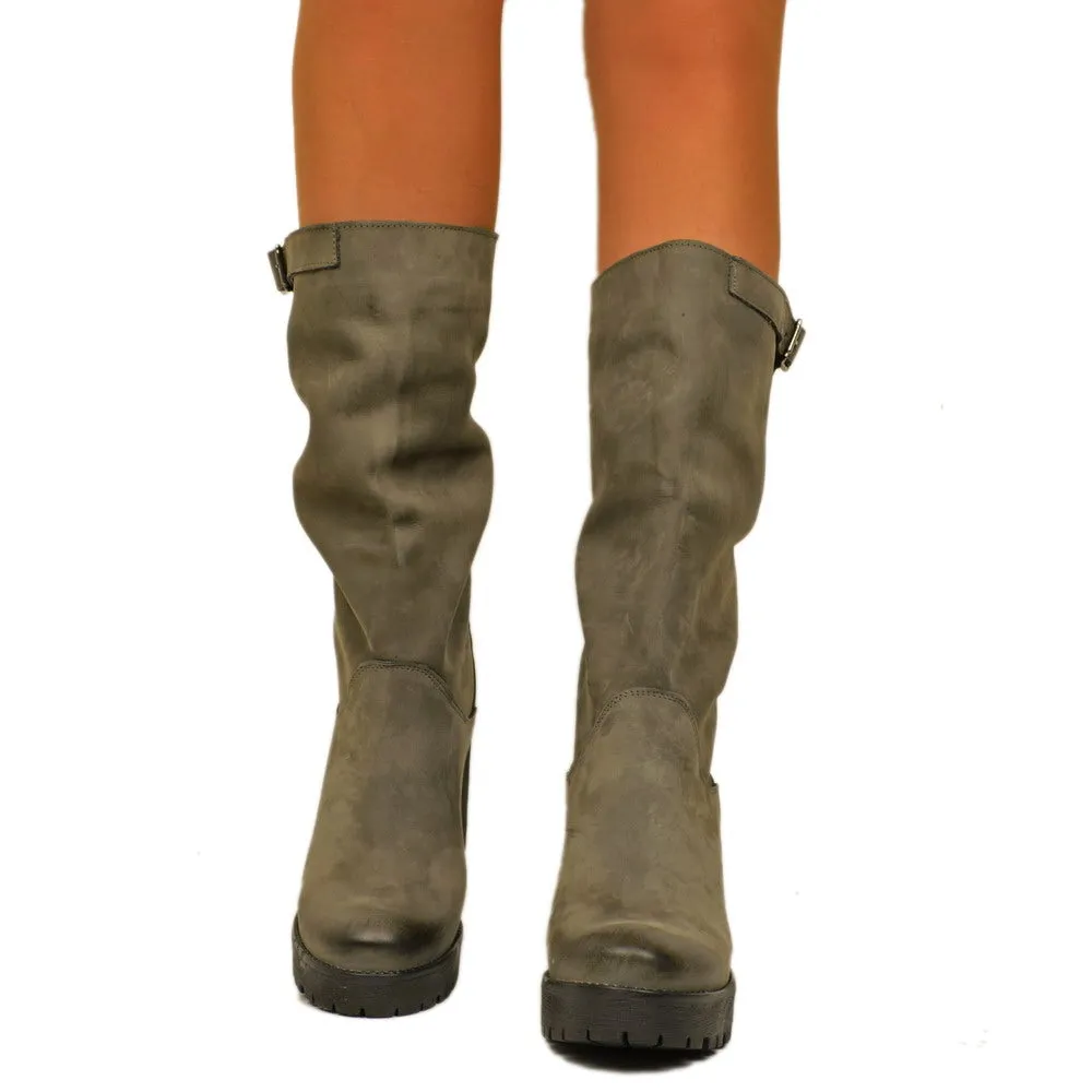Stivali Donna in Pelle Nabuk Grigi con Tacco Made in Italy
