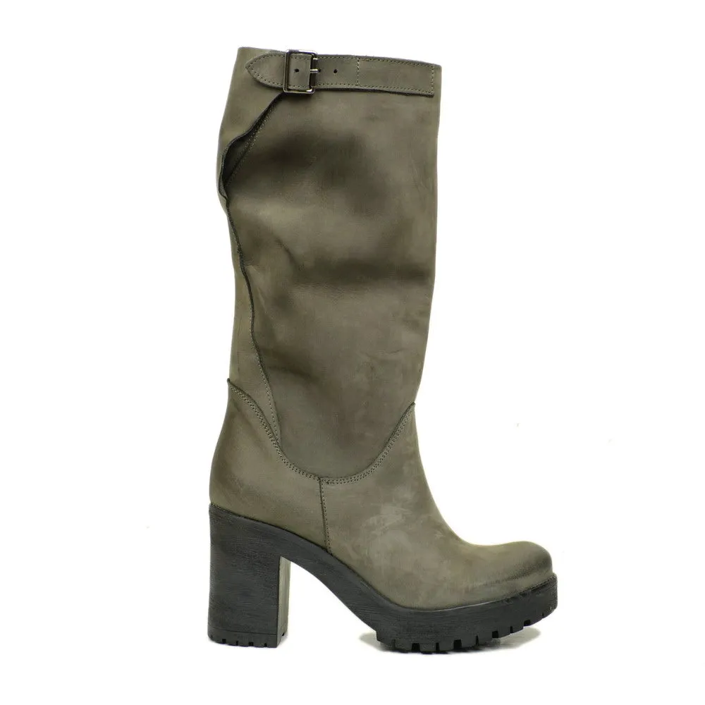 Stivali Donna in Pelle Nabuk Grigi con Tacco Made in Italy