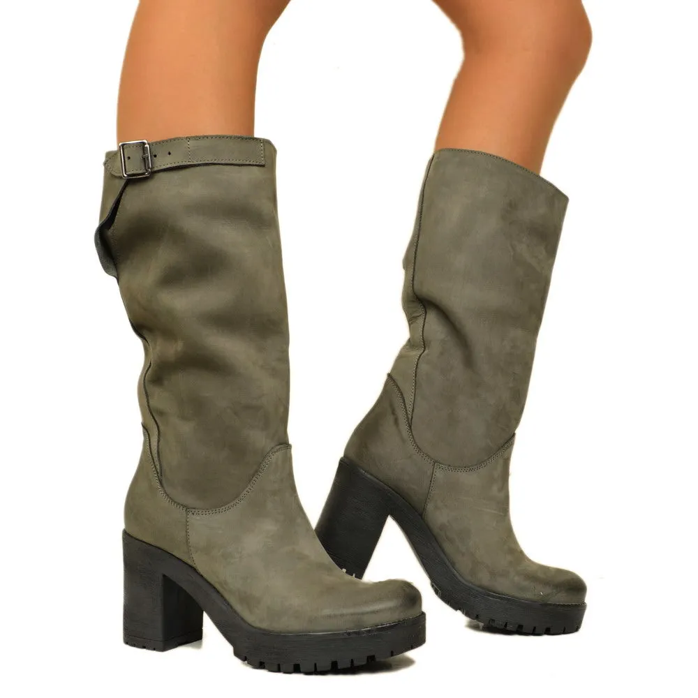 Stivali Donna in Pelle Nabuk Grigi con Tacco Made in Italy