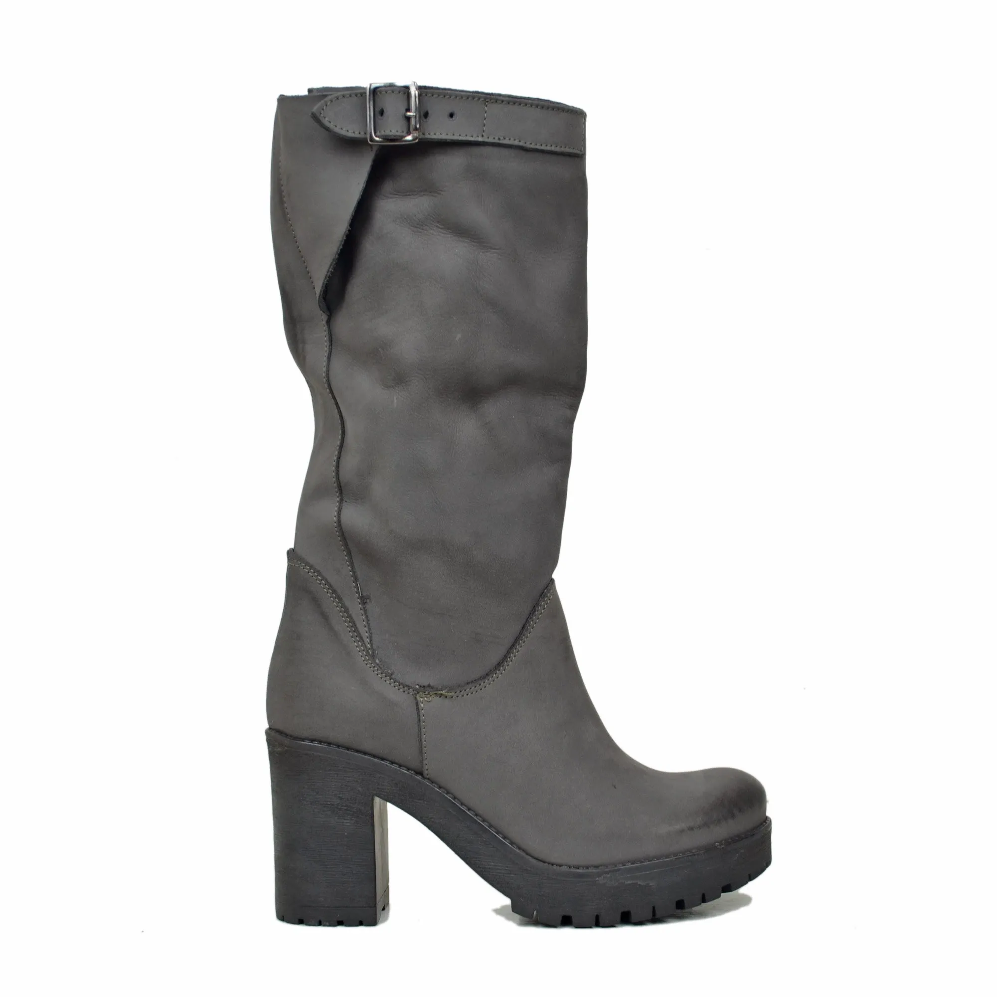 Stivali Donna in Pelle Nabuk Grigio Scuro con Tacco Made in Italy