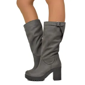 Stivali Donna in Pelle Nabuk Grigio Scuro con Tacco Made in Italy