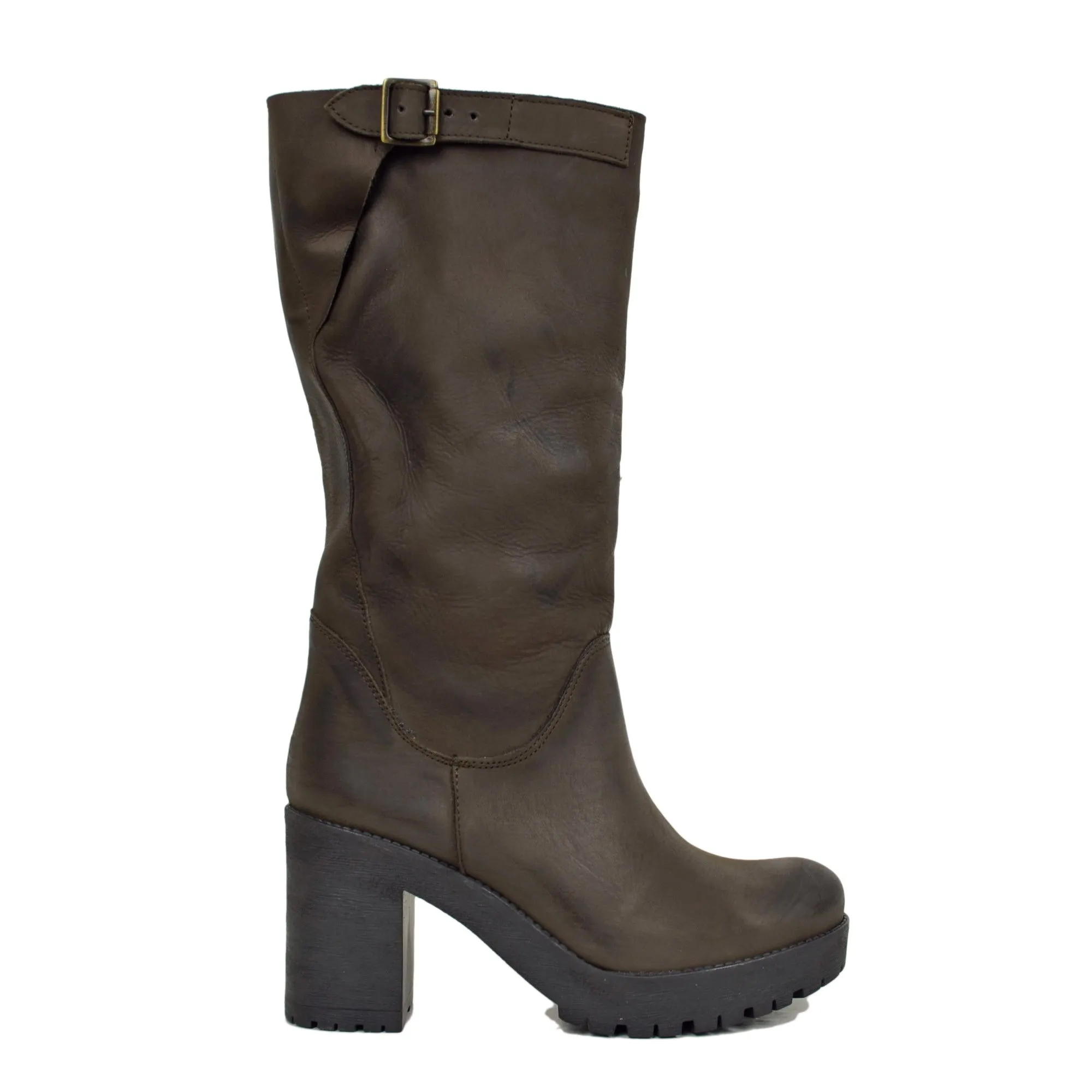 Stivali Donna in Pelle Nabuk Marroni con Tacco Made in Italy