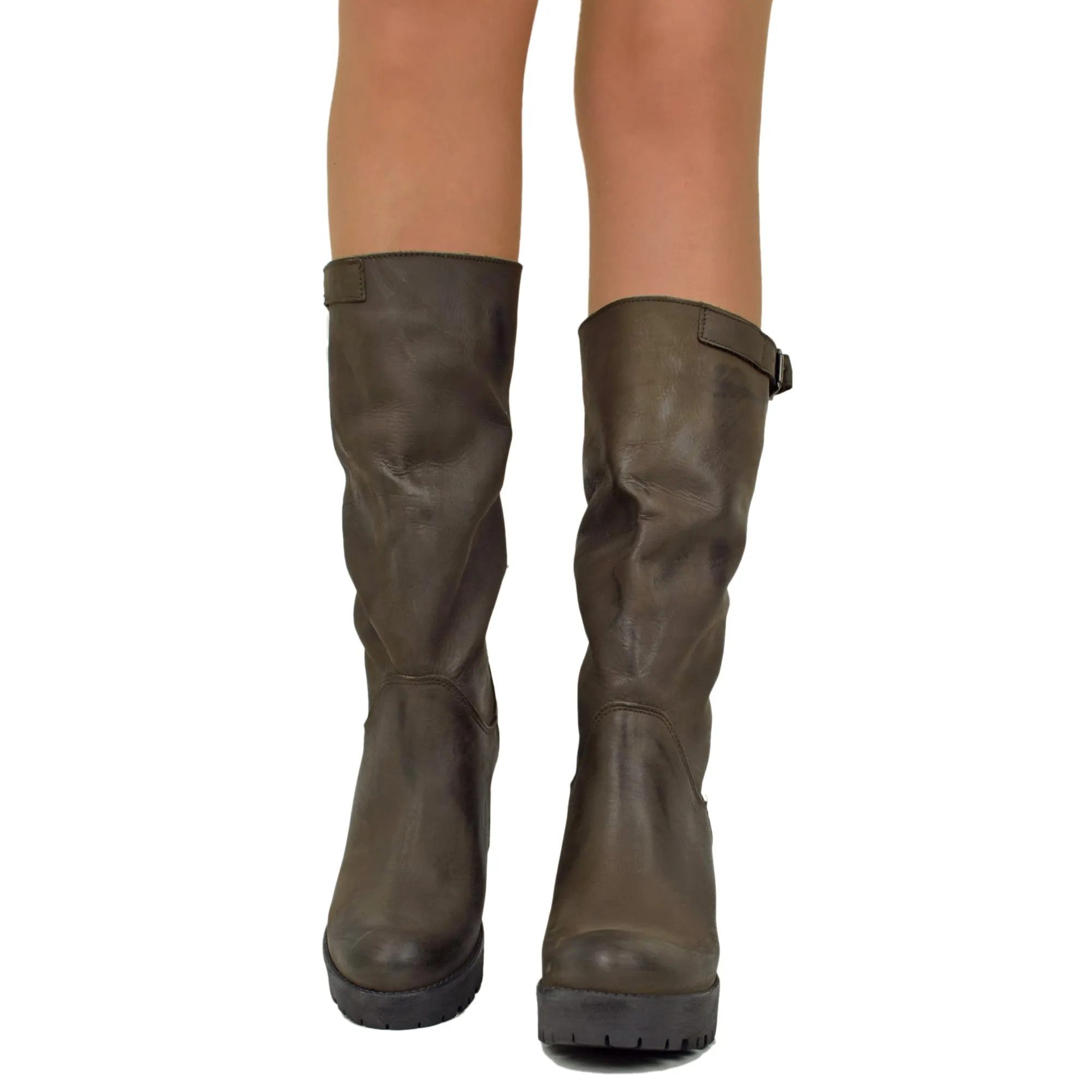 Stivali Donna in Pelle Nabuk Marroni con Tacco Made in Italy