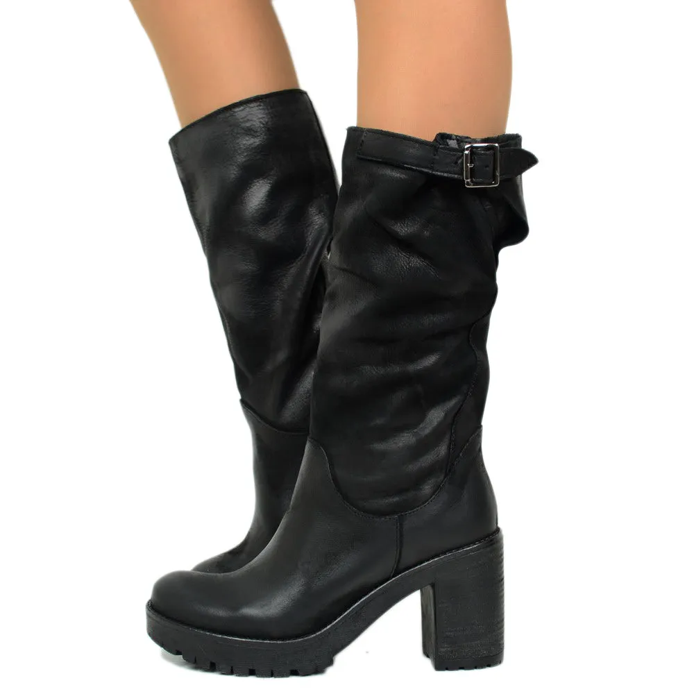 Stivali Donna in Pelle Nabuk Neri con Tacco Made in Italy