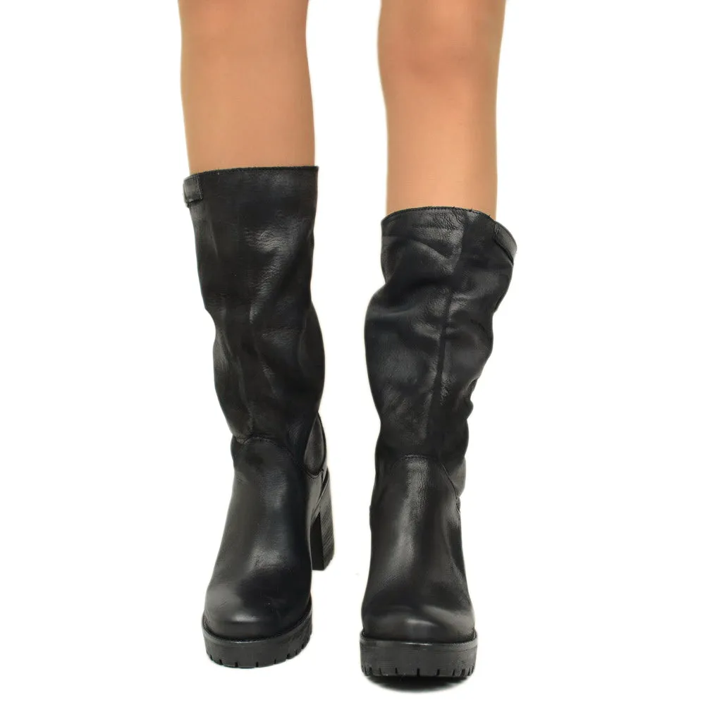 Stivali Donna in Pelle Nabuk Neri con Tacco Made in Italy