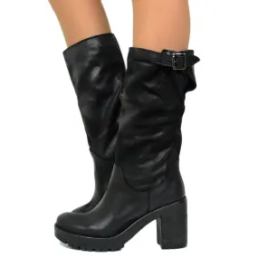 Stivali Donna in Pelle Nabuk Neri con Tacco Made in Italy