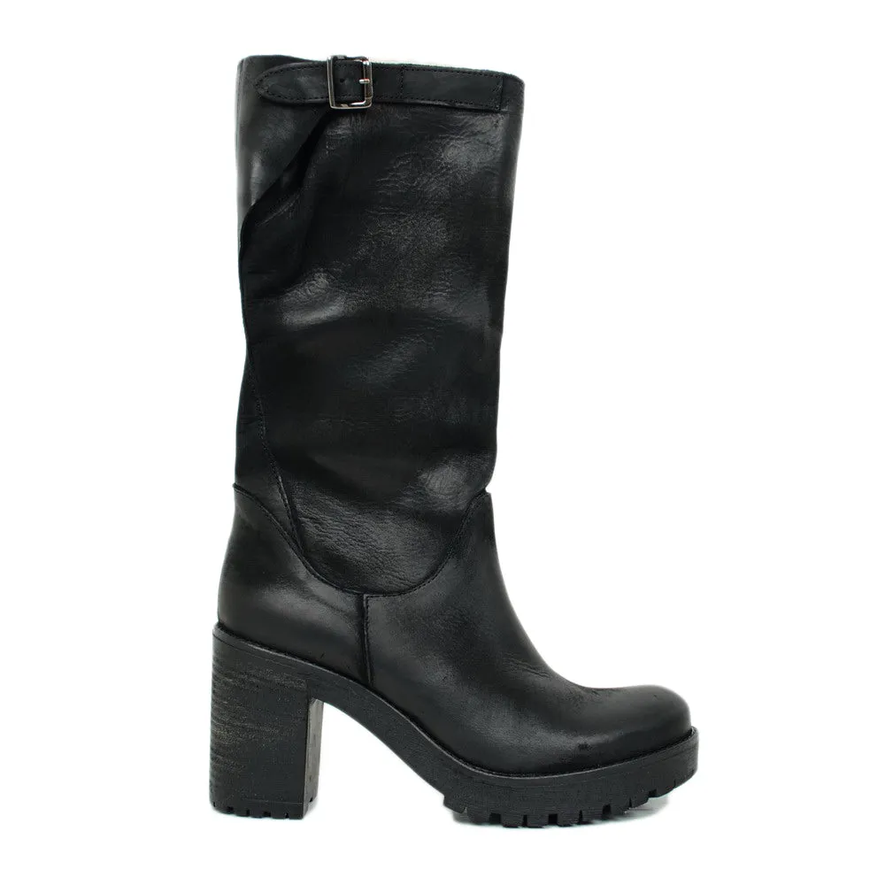 Stivali Donna in Pelle Nabuk Neri con Tacco Made in Italy
