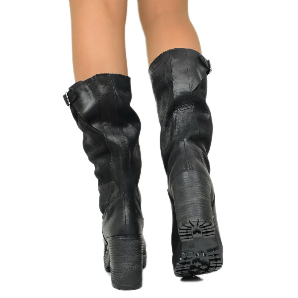 Stivali Donna in Pelle Nabuk Neri con Tacco Made in Italy