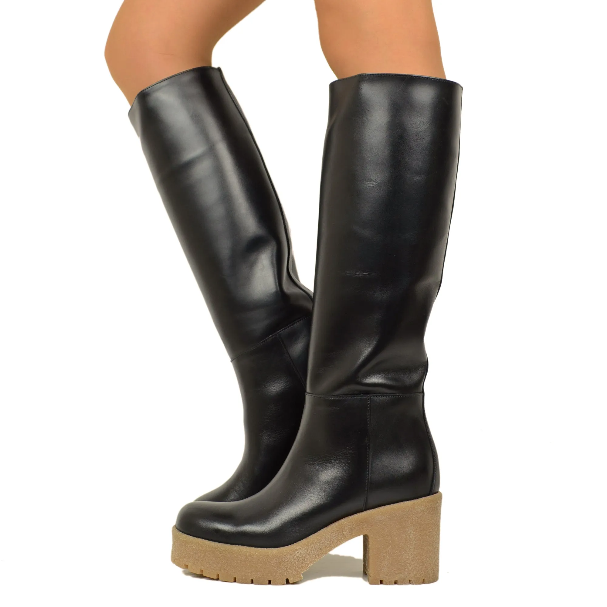 Stivali Donna in Pelle Neri Fondo in Para Made in Italy