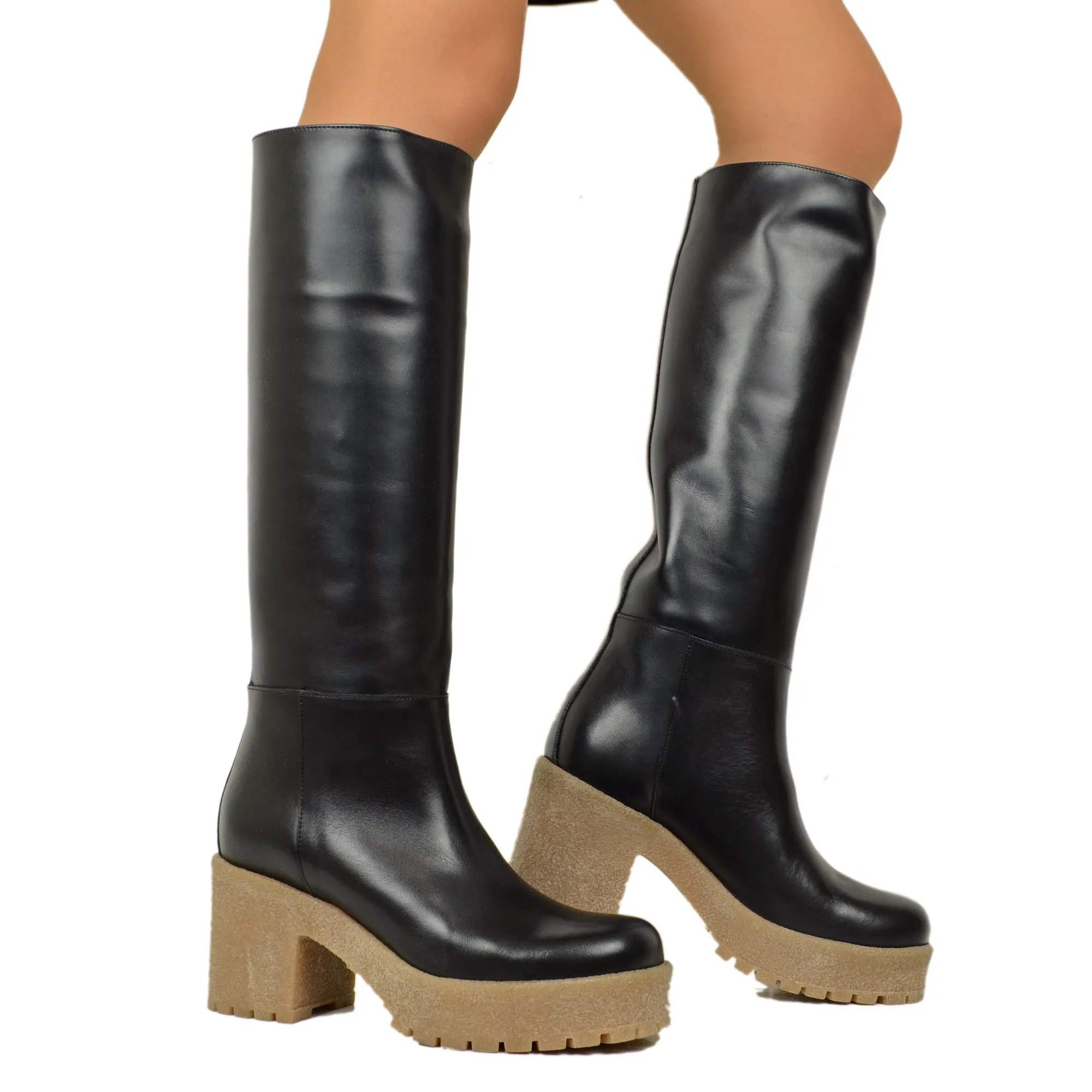 Stivali Donna in Pelle Neri Fondo in Para Made in Italy