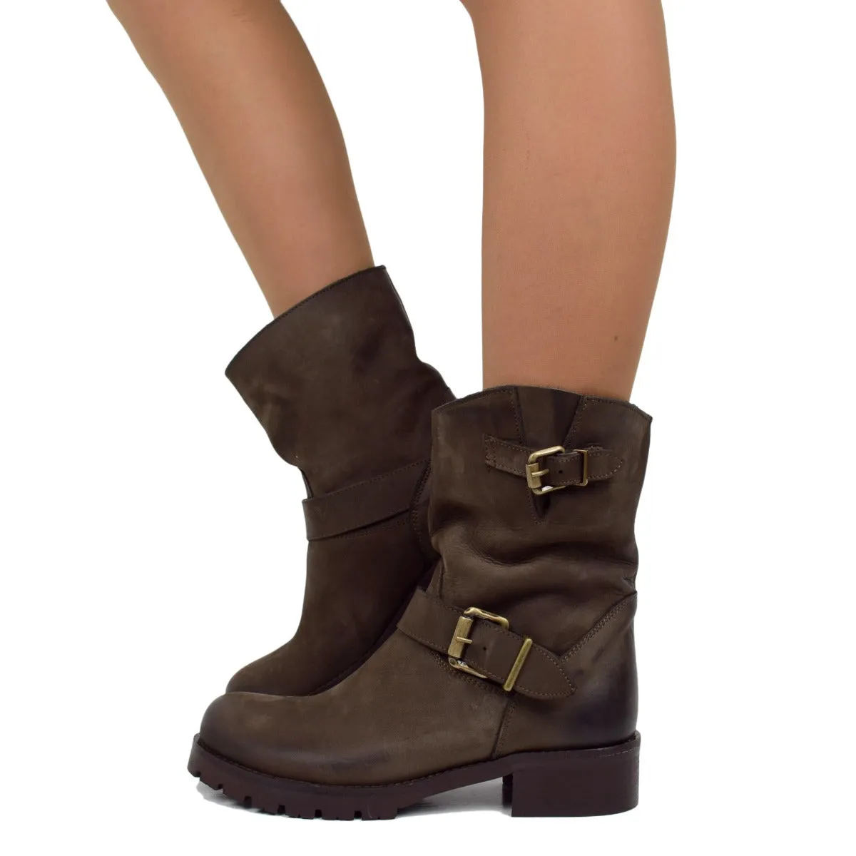Stivali Donna Police Marroni Biker Boots in Pelle Made in Italy