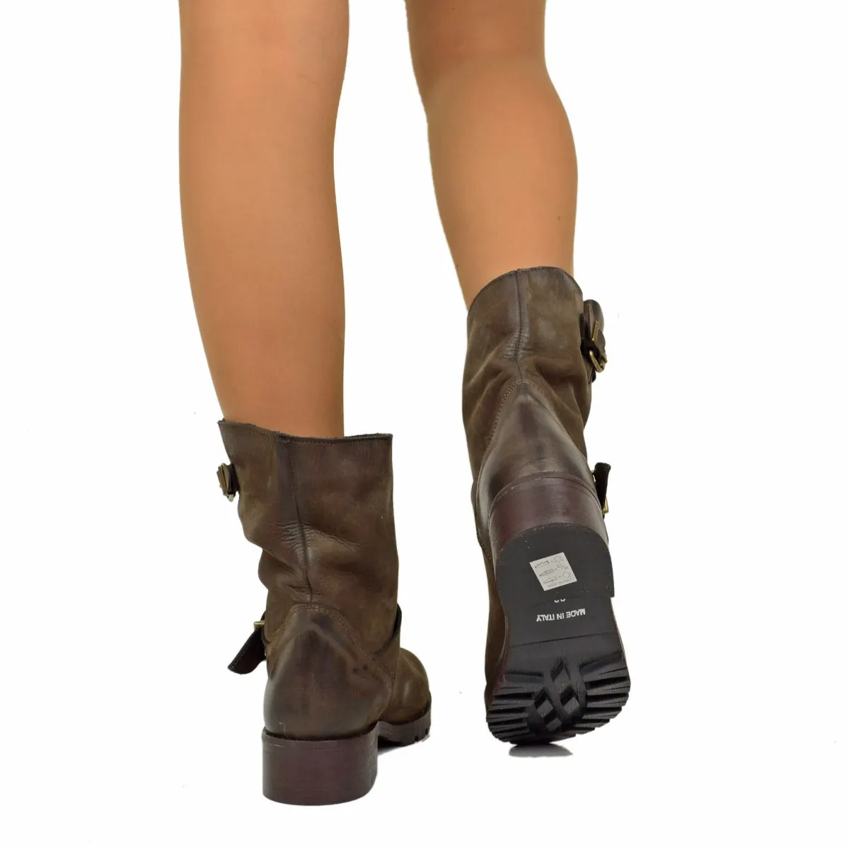 Stivali Donna Police Marroni Biker Boots in Pelle Made in Italy