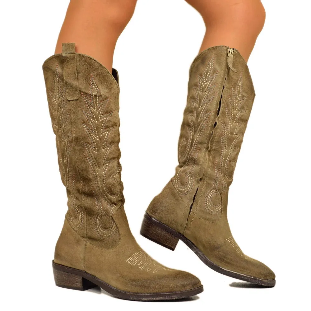 Stivali Texani Donna Taupe in Camoscio Made in Italy