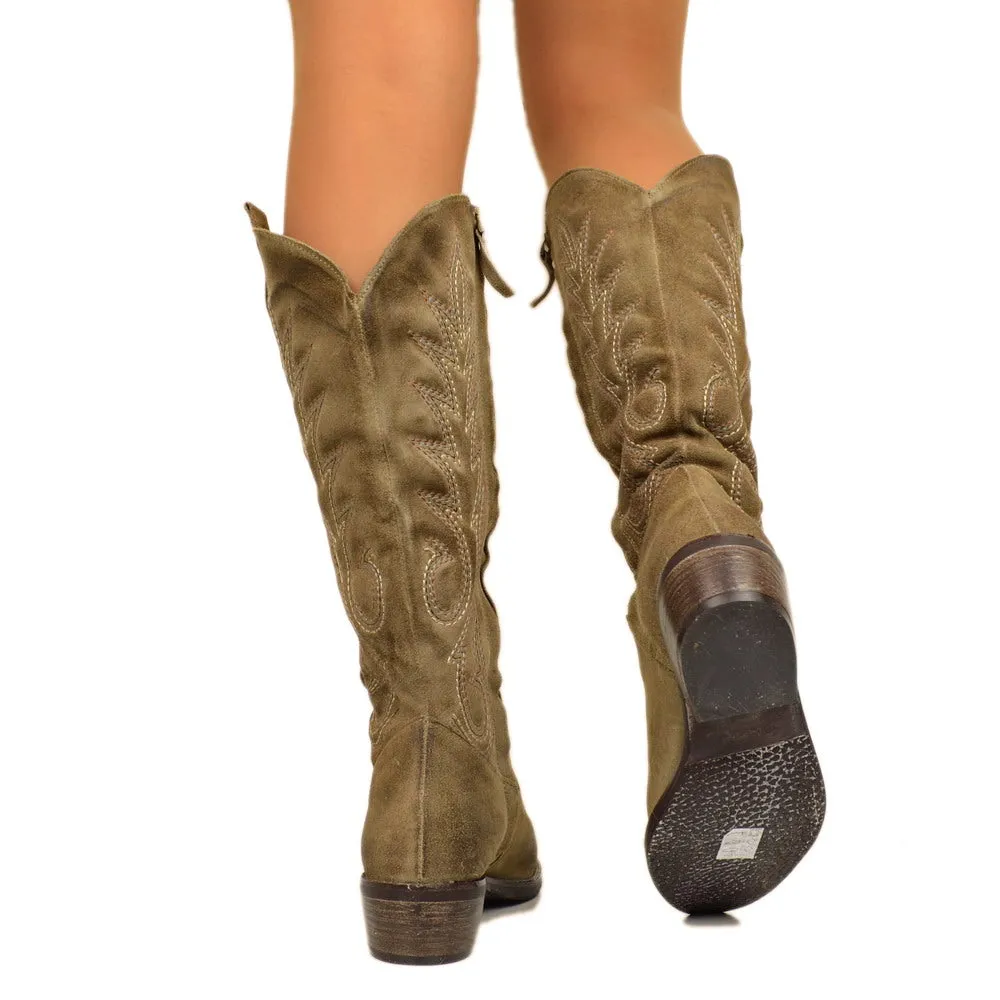 Stivali Texani Donna Taupe in Camoscio Made in Italy