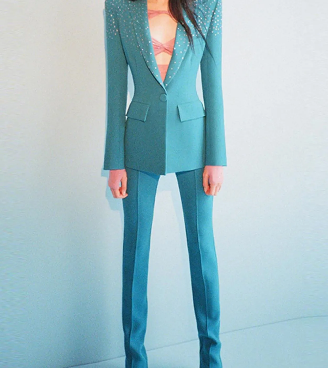 Tailleur pantalone Blazer Suit Blu Rosa Donna Hot Drill Diamanti Collare Bottone singolo Pantaloni a matita Pantaloni da ufficio