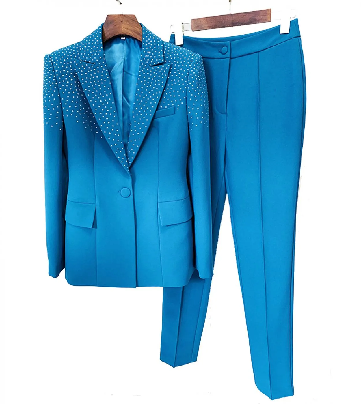 Tailleur pantalone Blazer Suit Blu Rosa Donna Hot Drill Diamanti Collare Bottone singolo Pantaloni a matita Pantaloni da ufficio
