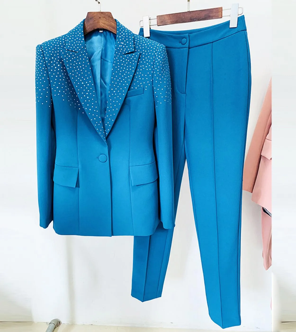 Tailleur pantalone Blazer Suit Blu Rosa Donna Hot Drill Diamanti Collare Bottone singolo Pantaloni a matita Pantaloni da ufficio