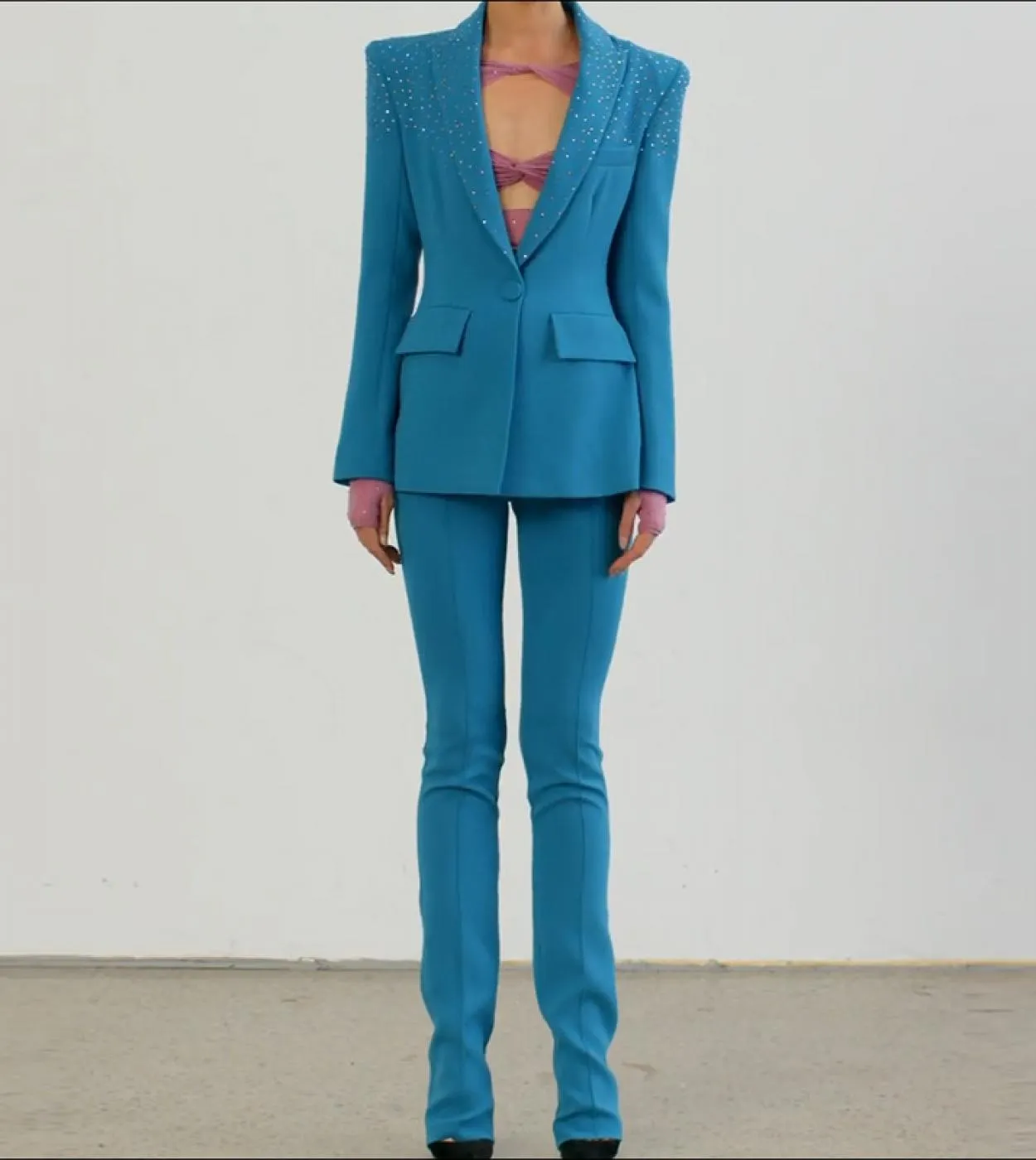 Tailleur pantalone Blazer Suit Blu Rosa Donna Hot Drill Diamanti Collare Bottone singolo Pantaloni a matita Pantaloni da ufficio