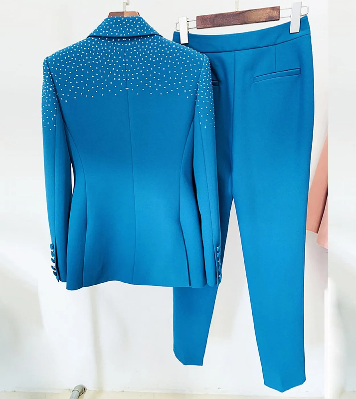 Tailleur pantalone Blazer Suit Blu Rosa Donna Hot Drill Diamanti Collare Bottone singolo Pantaloni a matita Pantaloni da ufficio