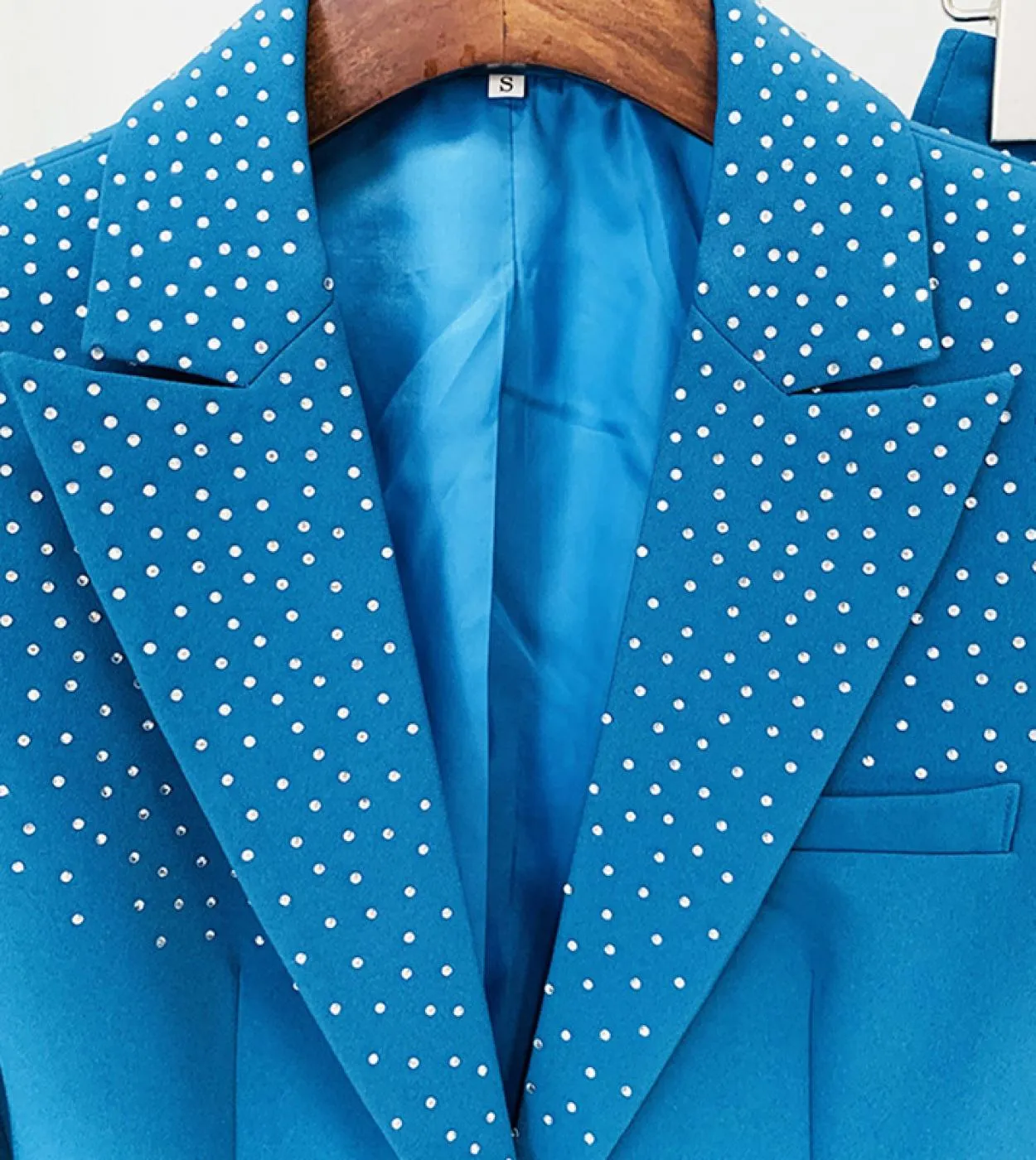 Tailleur pantalone Blazer Suit Blu Rosa Donna Hot Drill Diamanti Collare Bottone singolo Pantaloni a matita Pantaloni da ufficio
