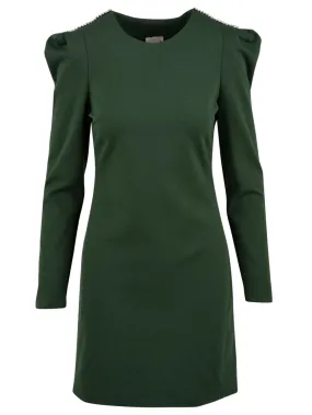 Vestito corto donna con strass verde a maniche lunghe